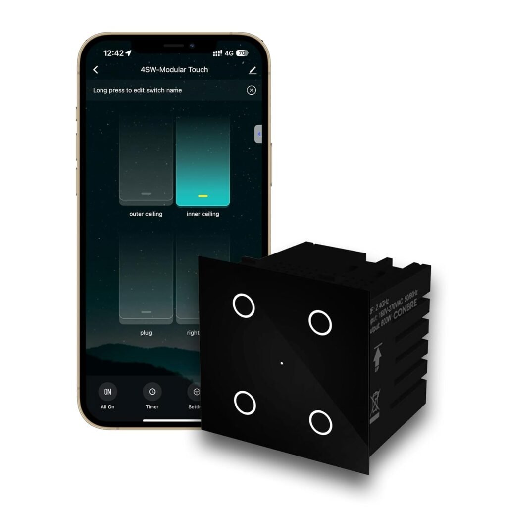 CONBRE SW4 Wi-Fi Smart Modular 4 Gang Touch Switch for Home automation, Energy Monitoring, remote control | Suitable for fan, light & 10A socket | Works with Alexa, google Assistance & Siri (Black)