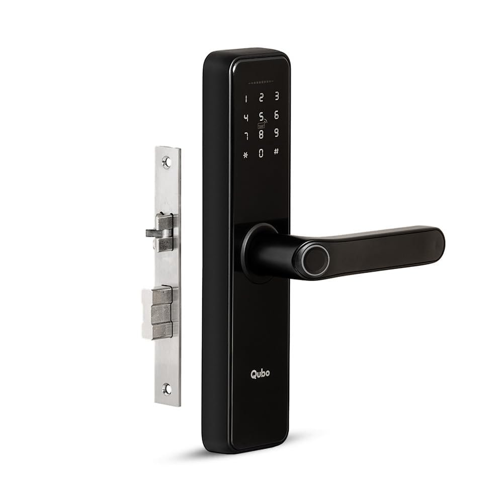 QUBO Smart Door Lock Essential from Hero Group | 6-Way Unlocking | Fingerprint | Pincode | RFID Card | Bluetooth Mobile App | Mechanical Key | OTP Access | 1 Year Brand Warranty | (Black)