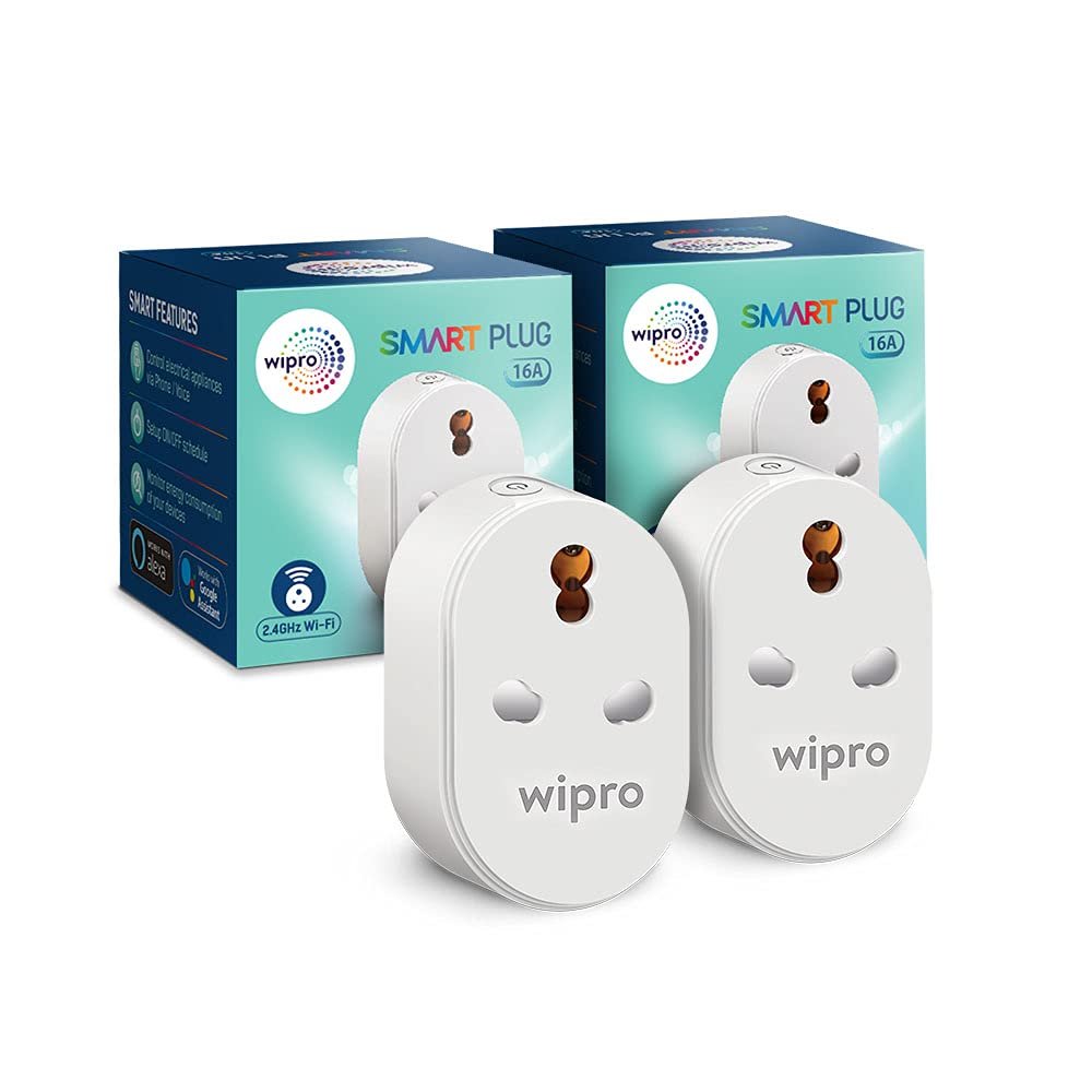 Wipro 16A Wi-Fi Smart Plug with Energy Monitoring- Suitable for Large Appliances like Geysers, Microwave Ovens, Air Conditioners (Compatible with Alexa and Google Assistant)- White (Pack of 2)