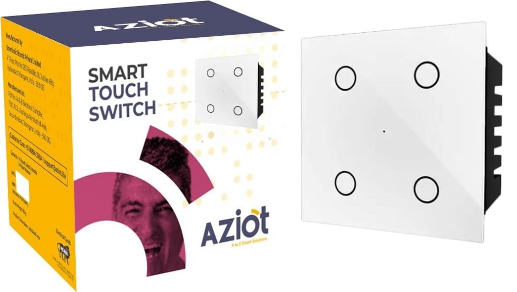 AZIOT SMART MODULAR 4 GANG TOUCH SWITCH (6 amps each) – GLASS FINISH: Elevate Your Home with Effortless Control (Fits in Anchor Roma Classic and similar plates) Home Automation