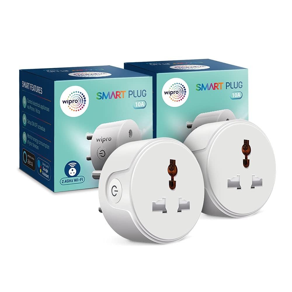 Wipro 10A Wi-Fi Smart Plug with Universal socket | Energy Monitoring | Suitable for Small Appliances like TVs, Air purifiers, Kettles, Mobiles & Laptops | Scheduling | Voice Control | Pack of 2