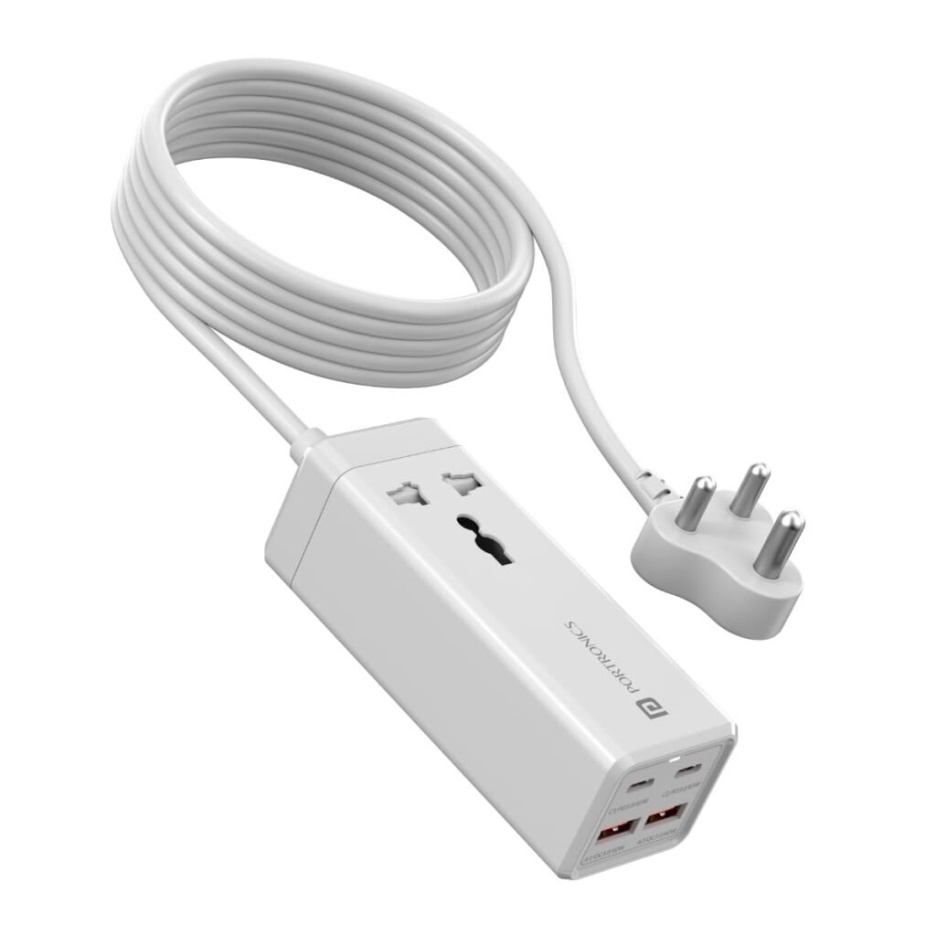 Portronics Adapto Volt 65 65W High speed 5-in-1 Power Strip with 2 Type C PD Ports, 2 Mach USB Ports and 1 AC Power Socket, Compatible with Laptop,Smartphones, iPhones, Tablet, Power bank(White)