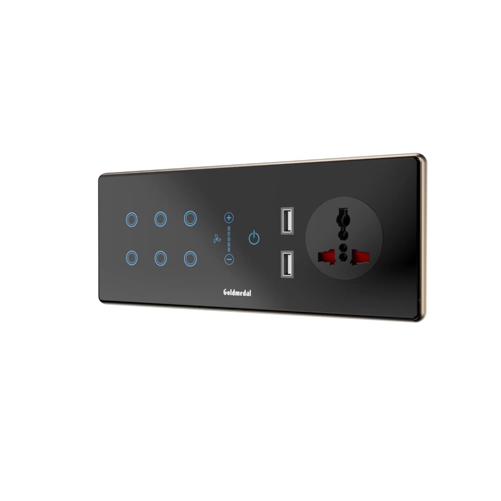 Goldmedal 6Module I-Touch Wifi Panel | 6 Switch, Fan Regulator, 6A Socket and Twin USB | Home Automation | No Gateway Required | Works with iWorld APP, Amazon Alexa, Google Assistant & RF Remote