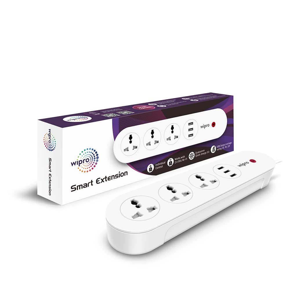 wipro Smart Wi-Fi Usb Extension Board With 3 Universal Socket & 3 Usb|Voice Control With Alexa&Google Asst|Energy Monitoring Feature For Connected Device|Schedule On/Off (Pack Of 1,White),12 Volts