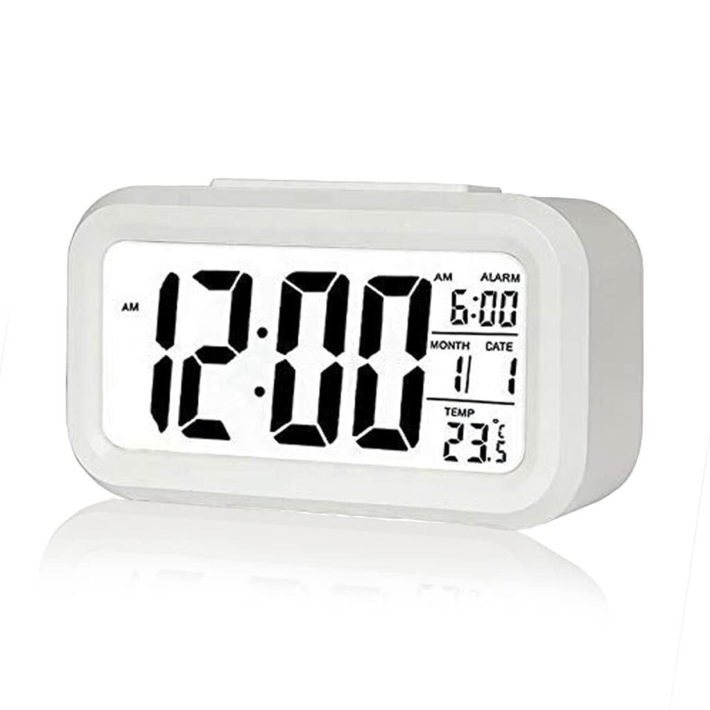 AERYS Digital Alarm Clock Table Clock for Students, Home, Office, Corporate with Automatic Sensor, Date & Temperature (White Digital)