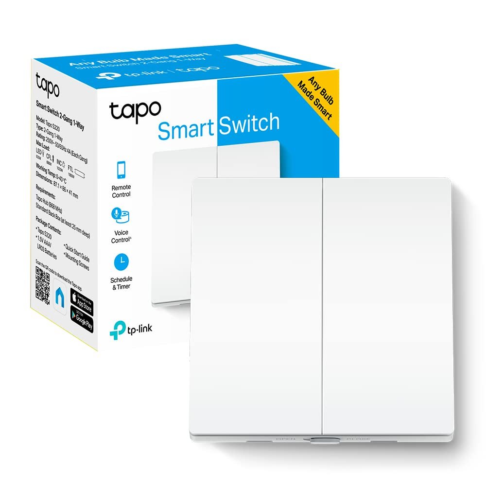 Tapo Tp-Link S220 Smart Light Switch 2 Gang 1 Way, Remote And Voice Control,Away Mode,No Neutral Required,Battery Included,Work With Alexa & Google Home, Hub Required Sold Separately