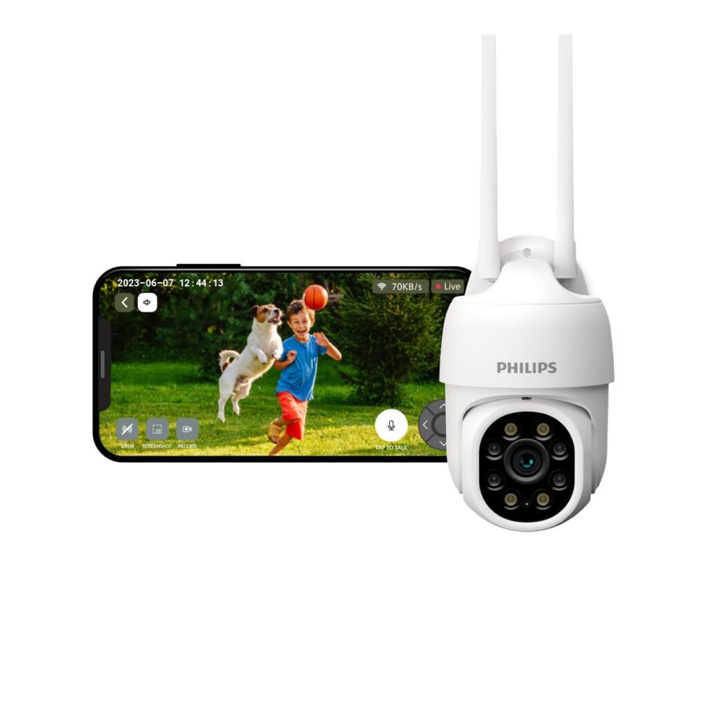 PHILIPS Weatherproof WiFi CCTV Camera for Outdoor & Home | IP65 Security Camera with PTZ, Color Night Vision, 2-Way Talk, AES-128bit Encryption | HSP3800