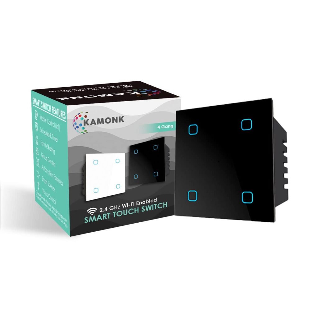 Kamonk Smart Touch Switch 4 Gang, Wi-Fi Enabled, No Additional Hubs, No Automation Related Wiring, Compatible with Amazon Alexa and Google Assistant, Add Shortcuts to Siri & Kamonk App (Black)