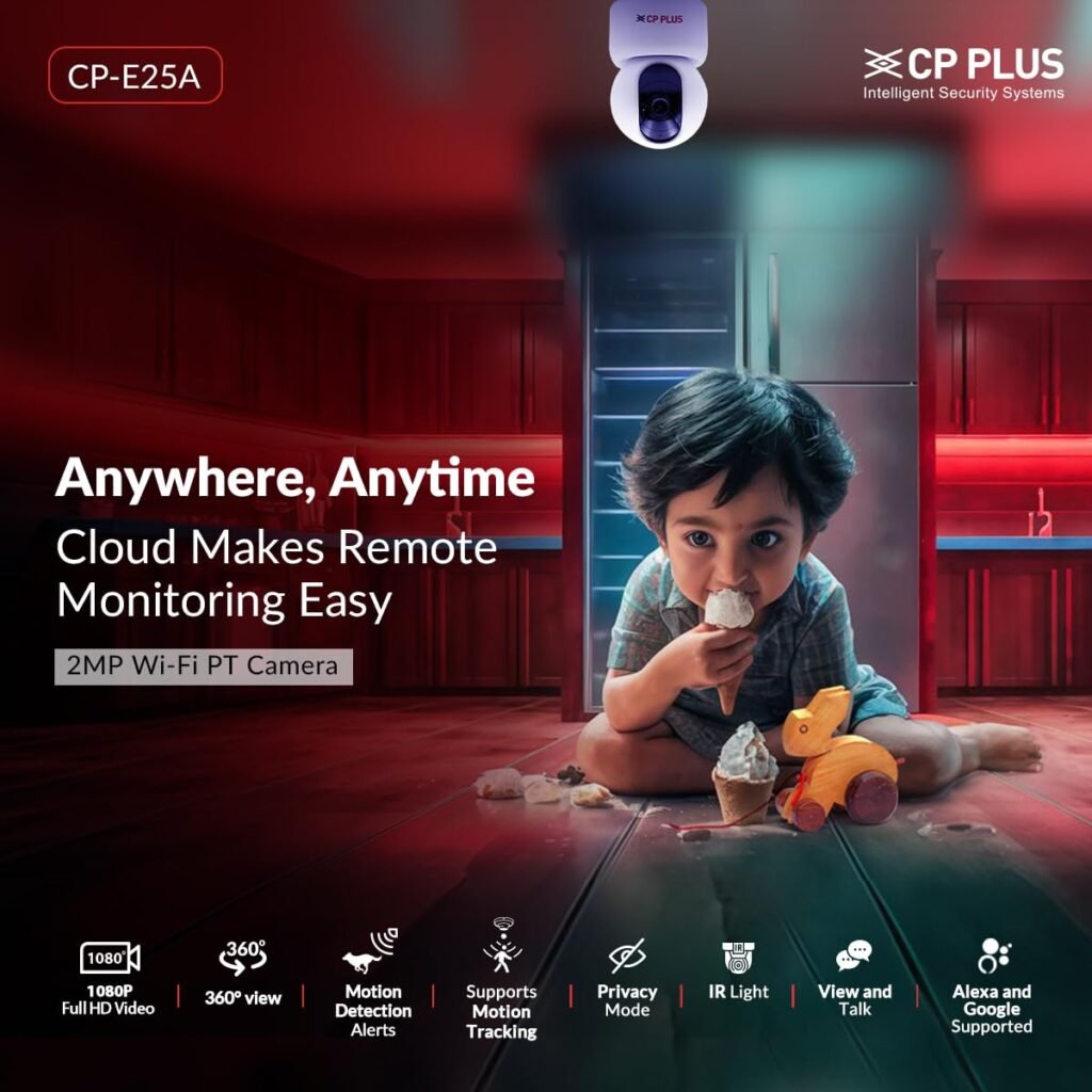 CP PLUS 2MP Full HD Smart Wi-Fi CCTV Home Security Camera | 360° with Pan Tilt | View & Talk | Motion Alert | Night Vision | SD Card (Upto 128 GB), Alexa & Google Support | IR Distance 10mtr | CP-E25A