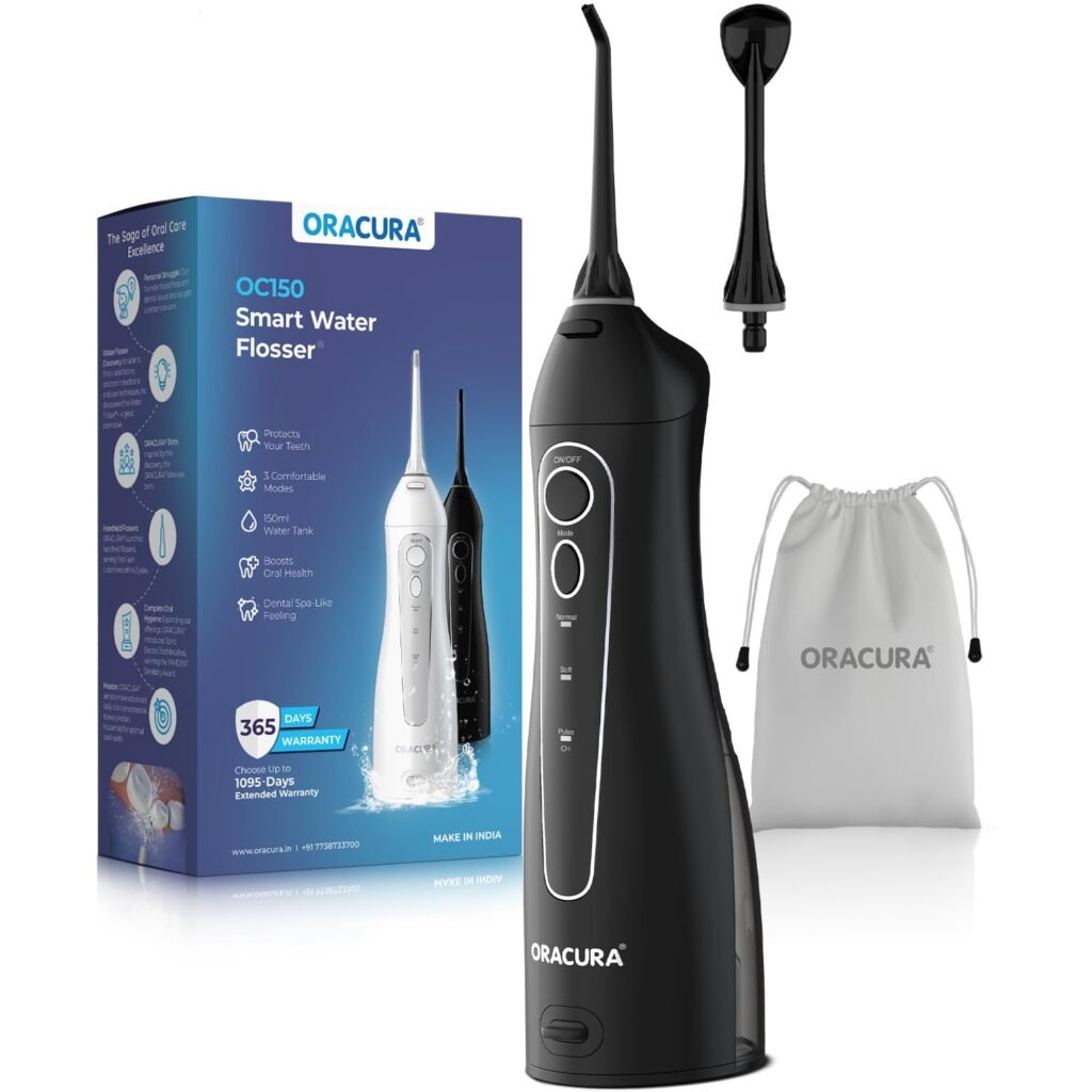 ORACURA® Smart Water Flosser® OC150 LITE with 150ml water tank capacity Black | Portable & Rechargeable | IPX7 Waterproof | 3 Modes | Flossing at Home and Travel | 365 Days Warranty