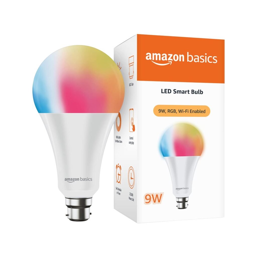 amazon basics – 9W Smart LED Bulb with Alexa, Google Assistant & Wi-Fi Enabled (Pack of 1, Multicolour, B22 Holder)