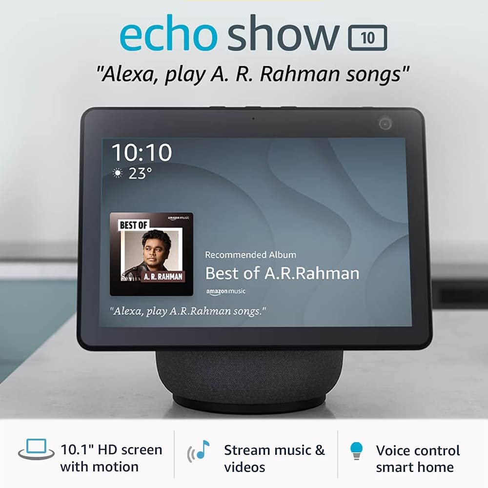 Amazon Echo Show 10- 10.1″ HD smart display with motion, premium sound and Alexa (Black)