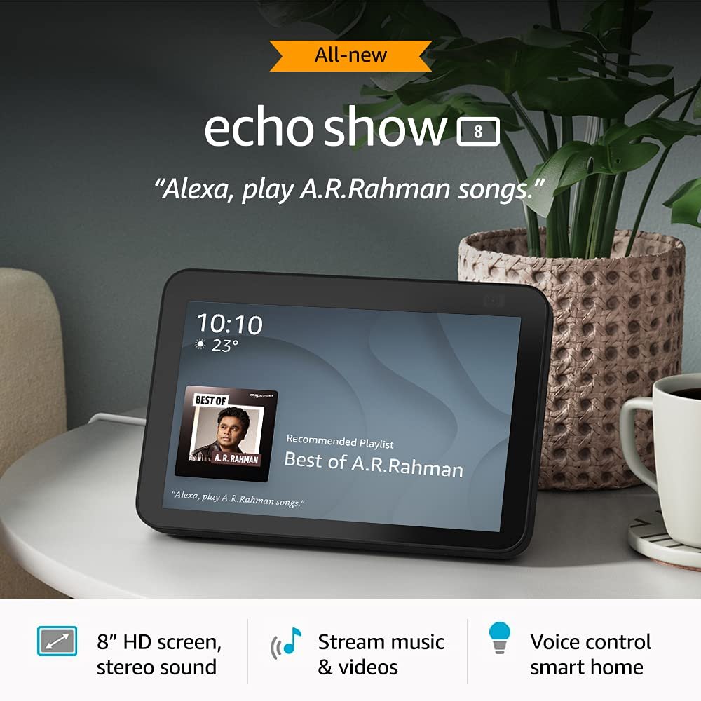 Amazon Echo Show 8 (2nd Gen) – Smart speaker with 8″ HD screen, stereo sound & hands-free entertainment with Alexa (Black)