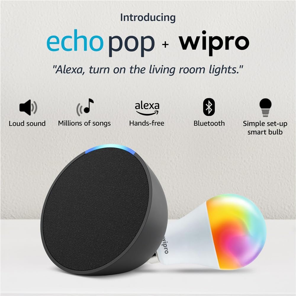 Amazon Echo Pop (Black) Combo with Wipro Simple Setup 9W LED Smart Color Bulb