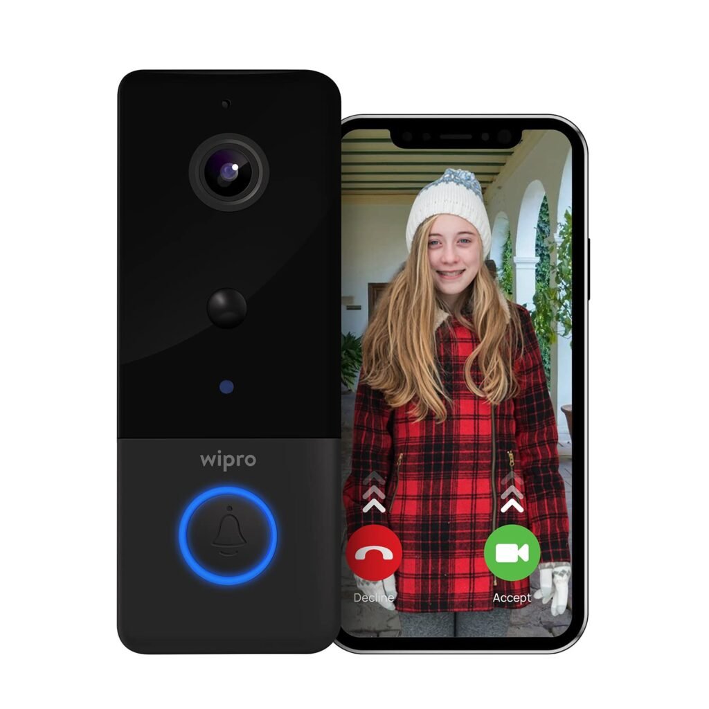 wipro Smart Wireless Doorbell | 2 MP 1080p Full HD Camera with Night Vision | AI Smart Motion Detection | Two-Way Communication | Wireless Chime with 52 Tunes | IP65 Protection | Black