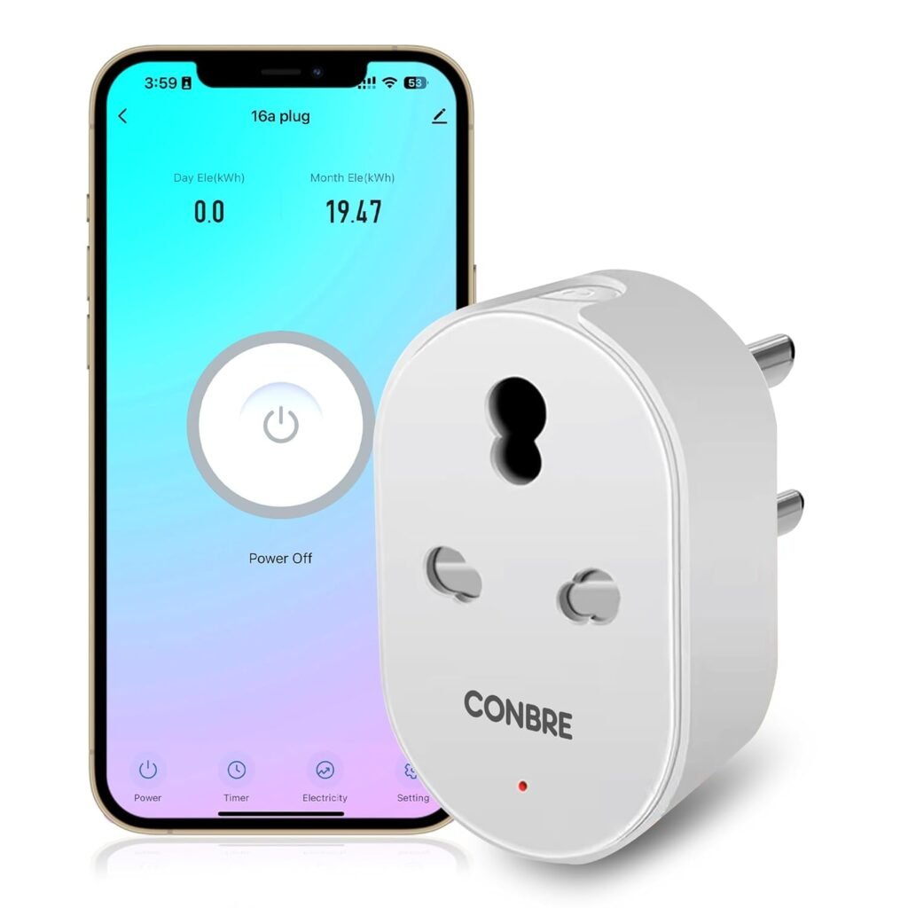 Conbre 16A Wifi + BT Smart Plug for automation, Energy Monitoring, remote and time control | Suitable for power appliances like ACs, Geysers & Water Pumps (supports Amazon Alexa) (16A Power Plug)