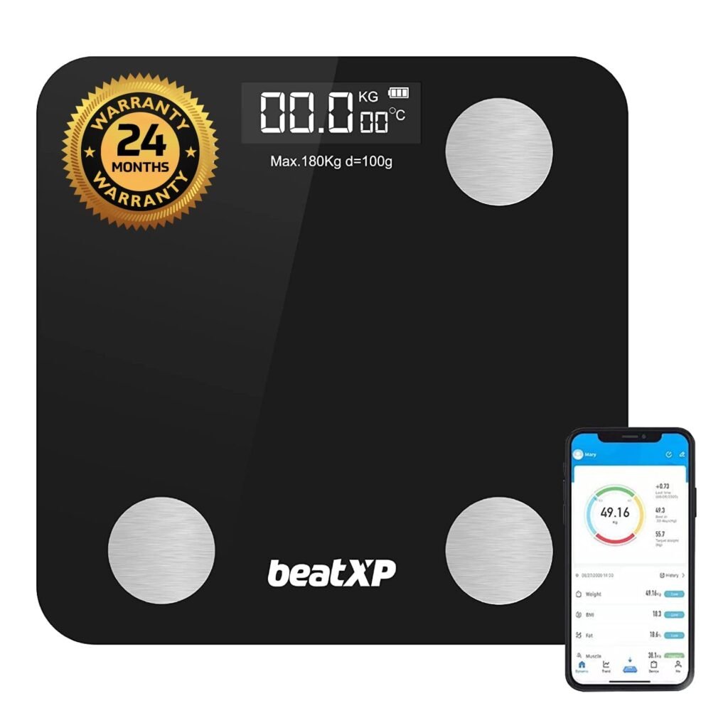 beatXP Smart Bluetooth BMI Weight Machine for Body Weight with 12 Essential Body Parameters, Wireless Body Composition Scale with Easy App Sync, 12 Months Warranty