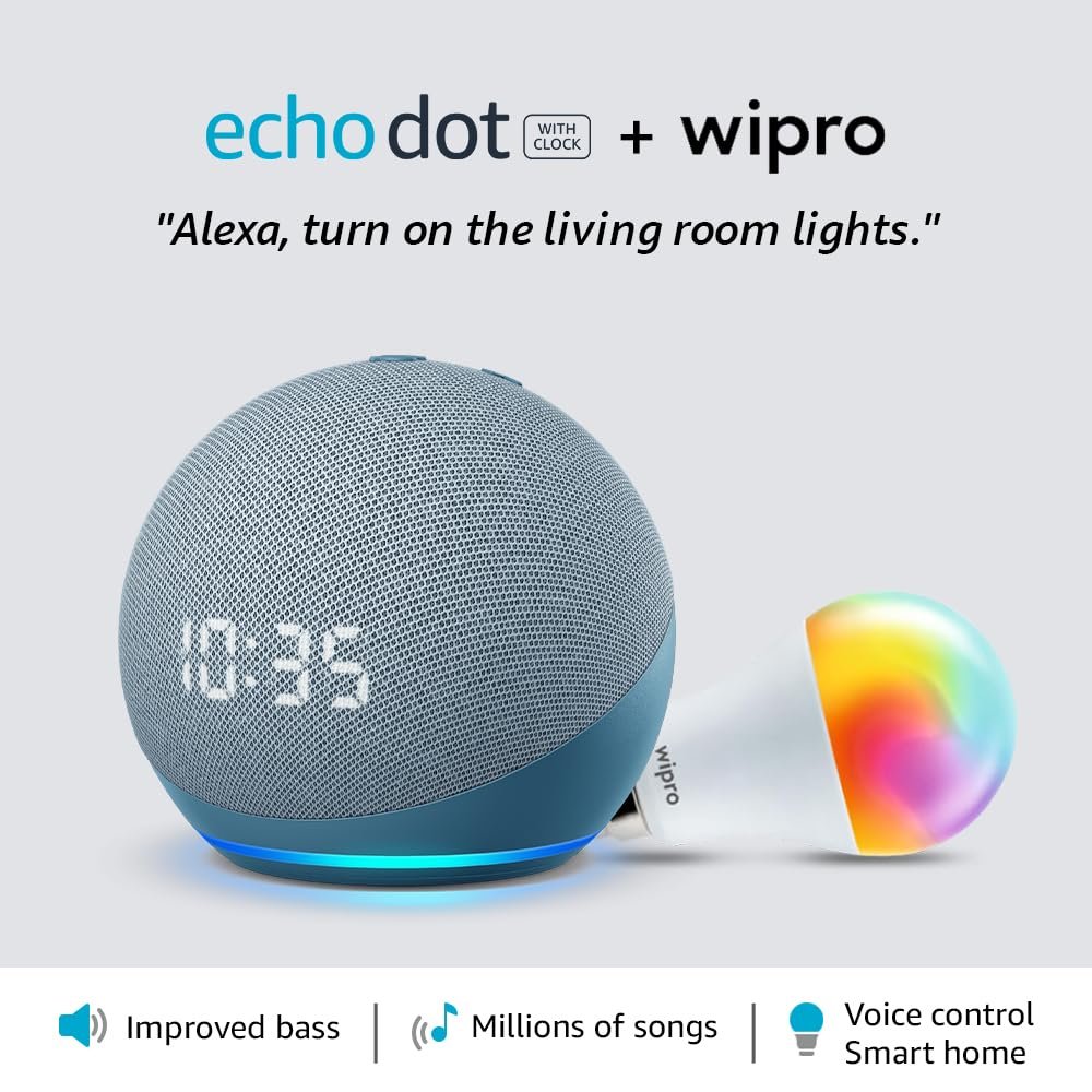 Amazon Echo Dot (4th Gen, Blue) with clock combo with Wipro Simple Setup 9W LED Smart Color Bulb