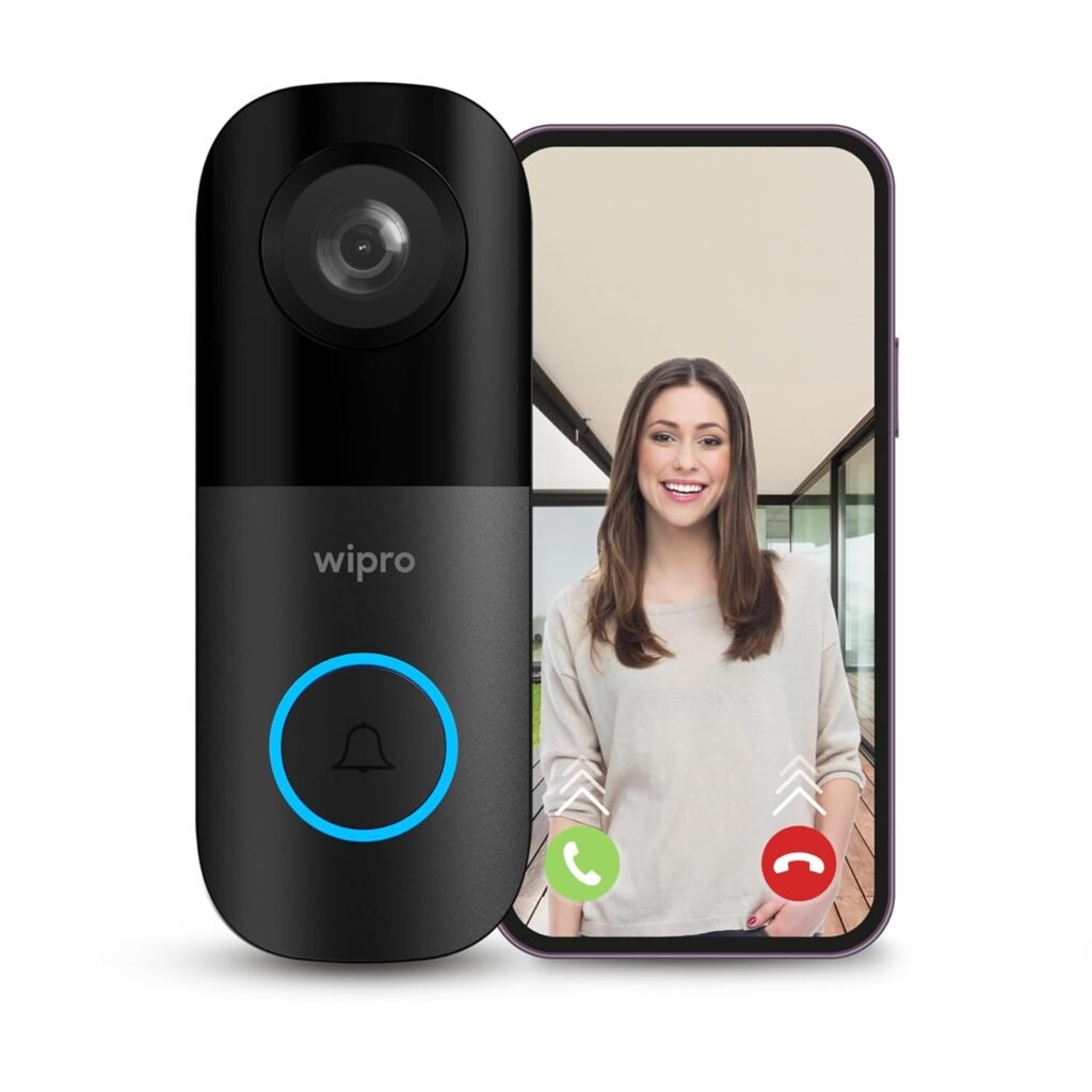 wipro Smart Wi-Fi Video Doorbell | 2 MP 1080p Full HD Camera with Night Vision | Two-Way Communication | AI Motion Detection | Indoor Chime with 50 Tunes | Rain & Dust Proof | Black