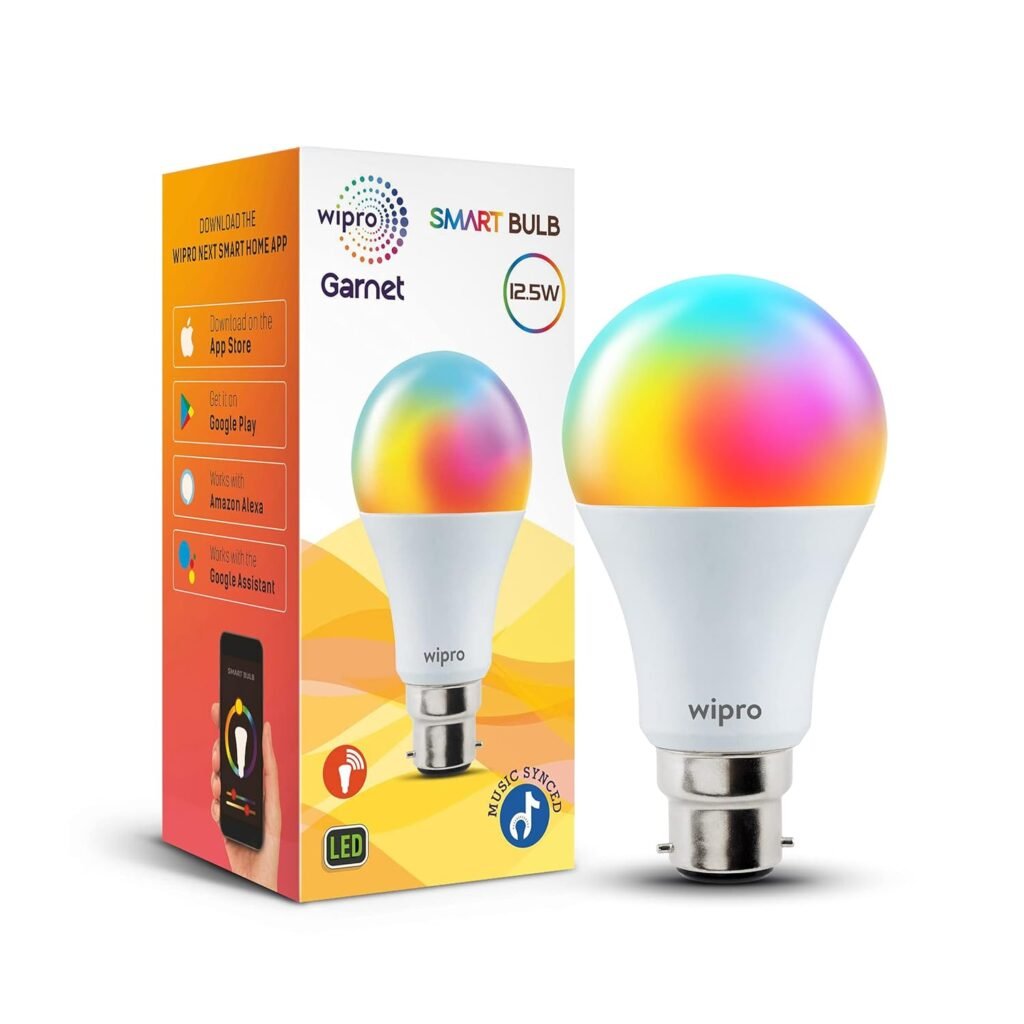 Wipro 12.5W B22D Wi-Fi Smart LED Bulb with Music Sync | Voice Control with Alexa, Google Asst | App Control |16 M Colours, White Tunable – Warm, Neutral & Cool White +Dimmable | Scenes | Pack of 1