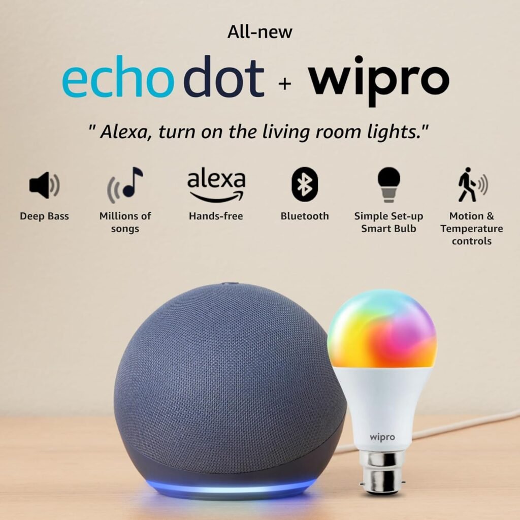 Amazon Echo Dot (5th Gen, Blue) Combo with Wipro Simple Setup 9W LED Smart Color Bulb