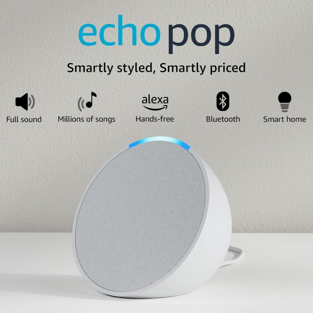 Amazon Echo Pop| Smart speaker with Alexa and Bluetooth| Loud sound, balanced bass, crisp vocals| White